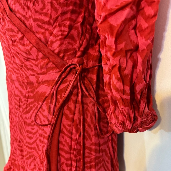 Allsaints Keva Remix Zebra Print Ruffle Mini 3/4 Sleeve Wrap Dress Red Sz M - Picture 5 of 9